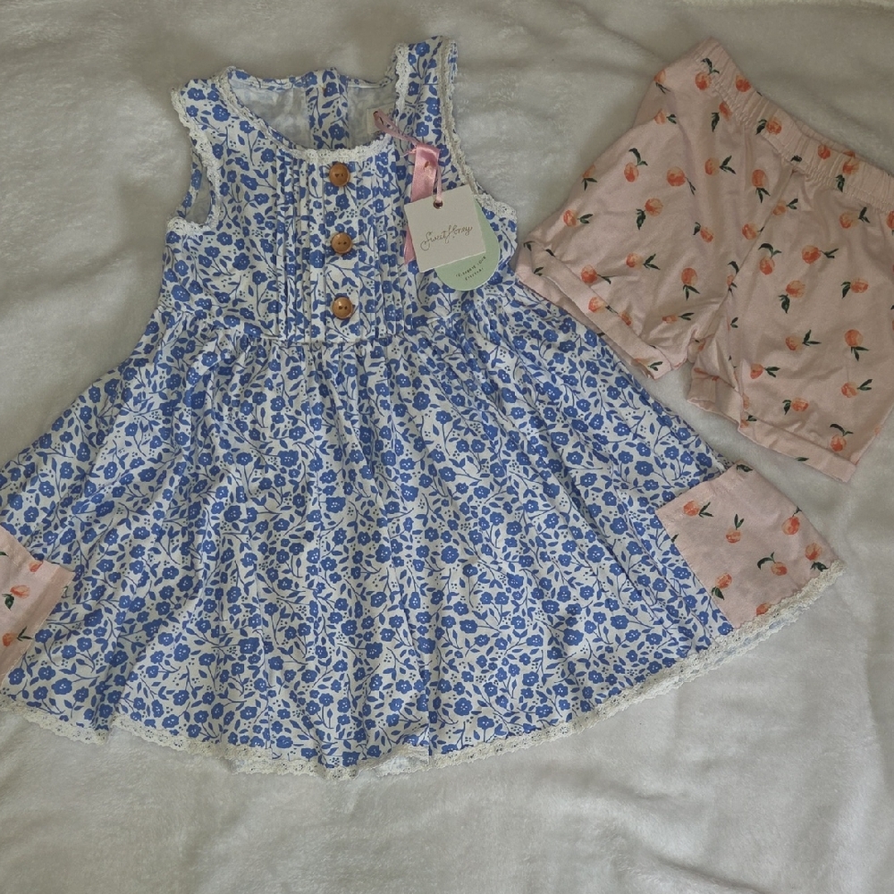 SweetHoney Blue Floral Dress with Pink Shorts with Peach Print